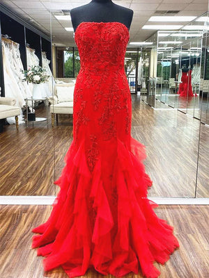 Red Tulle Ruffle Lace Mermaid Prom Dresses, Red Lace Ruffle Mermaid Long Formal Evening Dresses