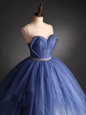 Round Neck Blue Puffy Ball Gown, Blue Puffy Long Formal Evening Dresses