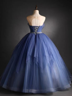 Round Neck Blue Puffy Ball Gown, Blue Puffy Long Formal Evening Dresses