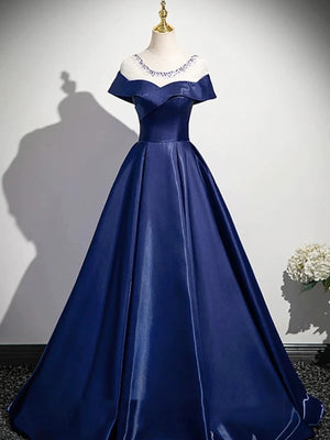 Round Neck Cap Sleeves Blue Long Prom Dresses, Blue Long Formal Evening Dresses