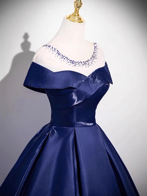 Round Neck Cap Sleeves Blue Long Prom Dresses, Blue Long Formal Evening Dresses