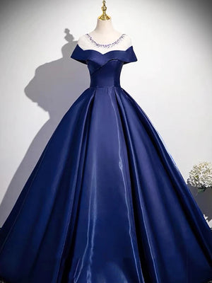 Round Neck Cap Sleeves Blue Long Prom Dresses, Blue Long Formal Evening Dresses