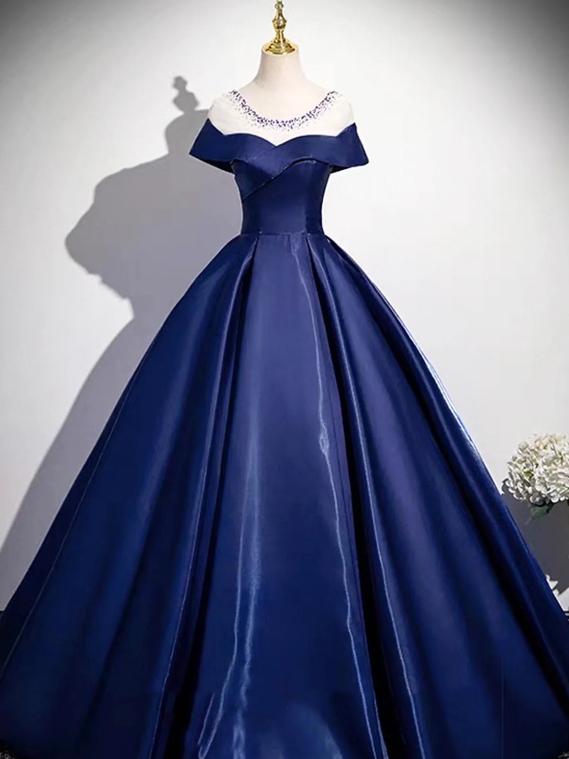 Round Neck Cap Sleeves Blue Long Prom Dresses, Blue Long Formal Evening Dresses