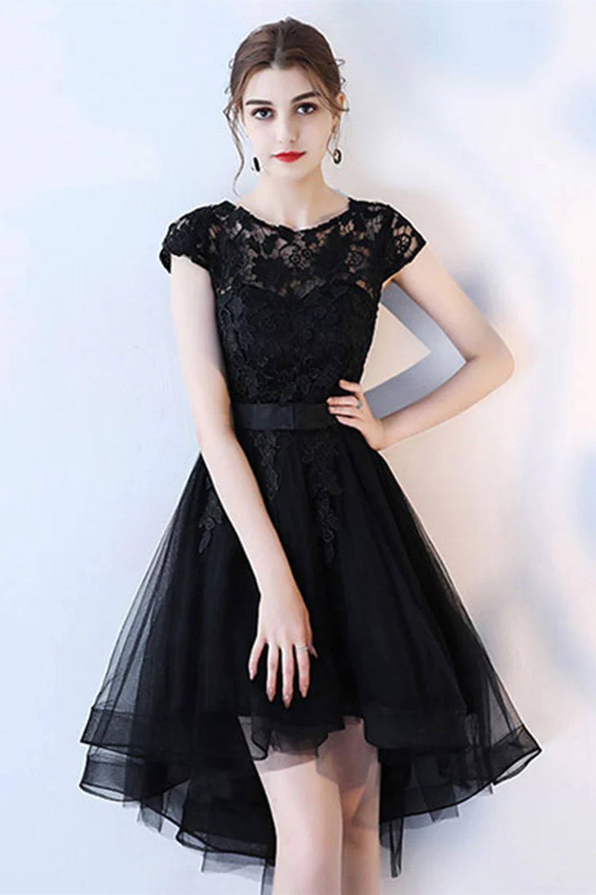 Round Neck Cap Sleeves High Low Black Lace Prom Dresses, Short Black Lace Homecoming Dresses