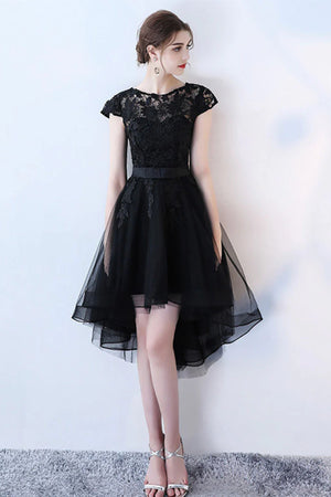 Round Neck Cap Sleeves High Low Black Lace Prom Dresses, Short Black Lace Homecoming Dresses