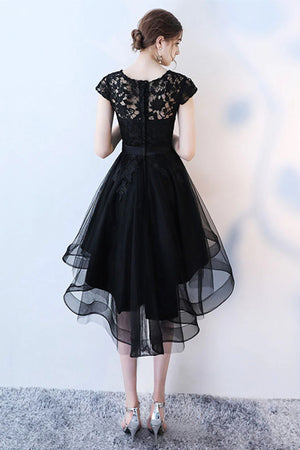 Round Neck Cap Sleeves High Low Black Lace Prom Dresses, Short Black Lace Homecoming Dresses