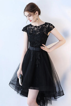 Round Neck Cap Sleeves High Low Black Lace Prom Dresses, Short Black Lace Homecoming Dresses