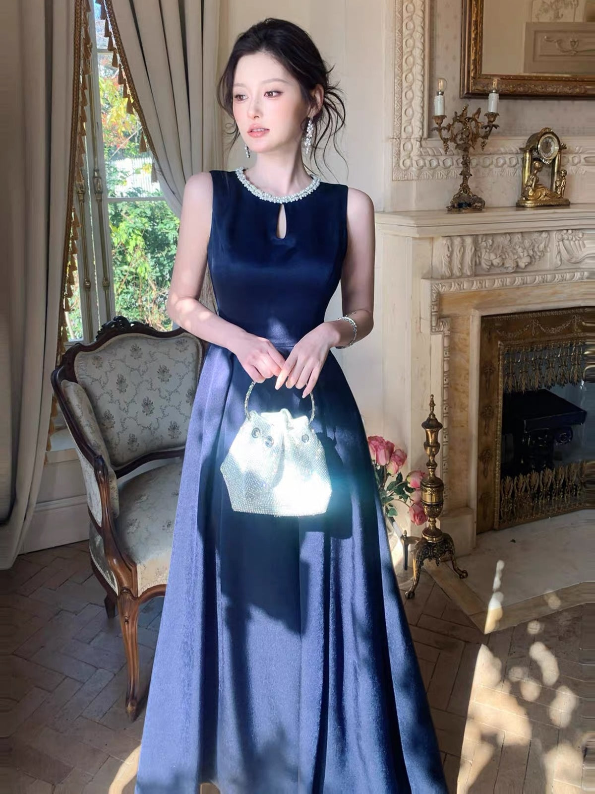 Round Neck Dark Navy Blue Satin Long Prom Dresses, Dark Navy Blue Long Formal Evening Dresses