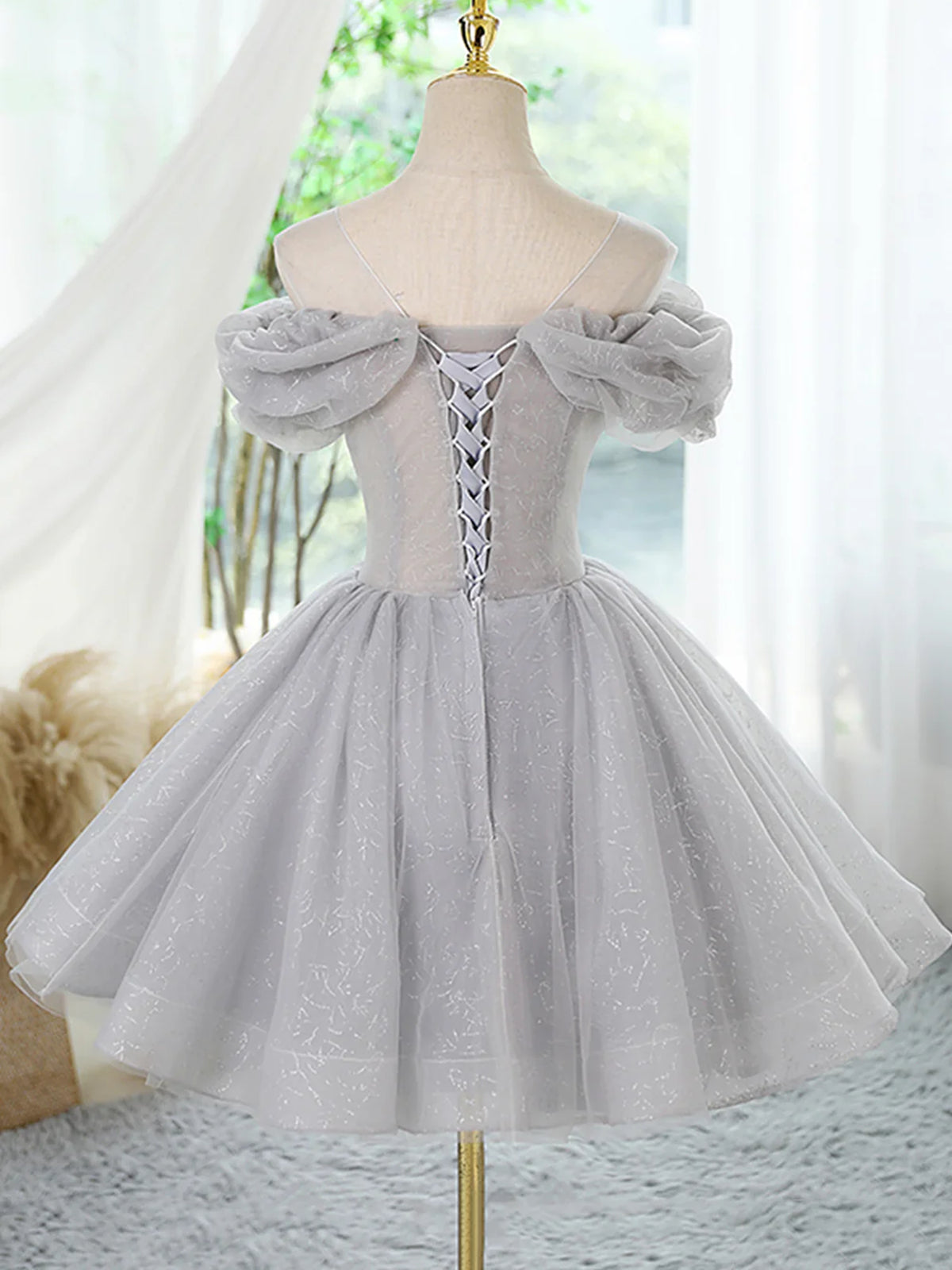 Round Neck Gray Lace Sequins Short Prom Dresses, Gray Lace Formal Homecoming Dresses, US 14 / Custom Color / No Rush Round Neck Gray Lace Sequins Short Prom Dresses, Gray Lace Formal Homecoming Dresses, US 14 / Custom Color / No Rush