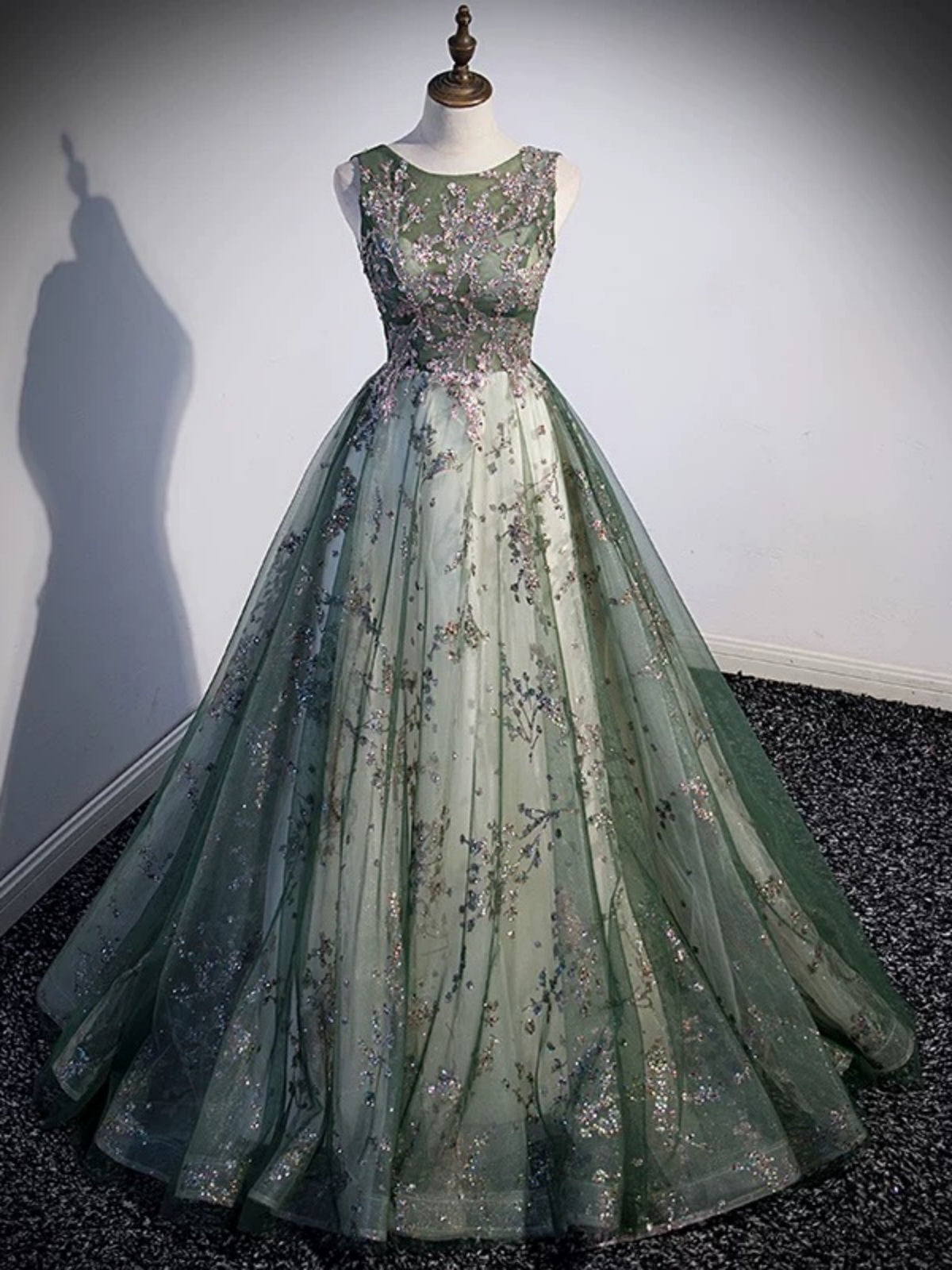 Round Neck Green Sequins Long Prom Dresses, Green Sequins Long Formal Dresses