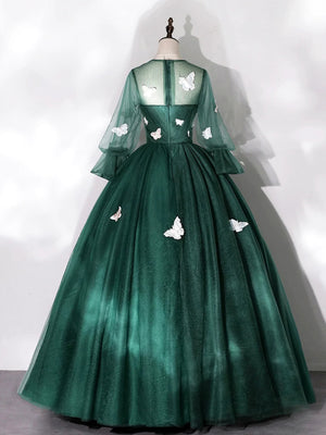 Round Neck Long Sleeves Green Long Prom Dresses with Butterfly Appliques, Long Sleeves Green Formal Evening Dresses, Green Ball Gown