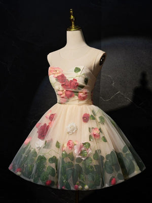 Round Neck Short Floral Prom Dresses, Short Pink Floral Formal Homecoming Dresses