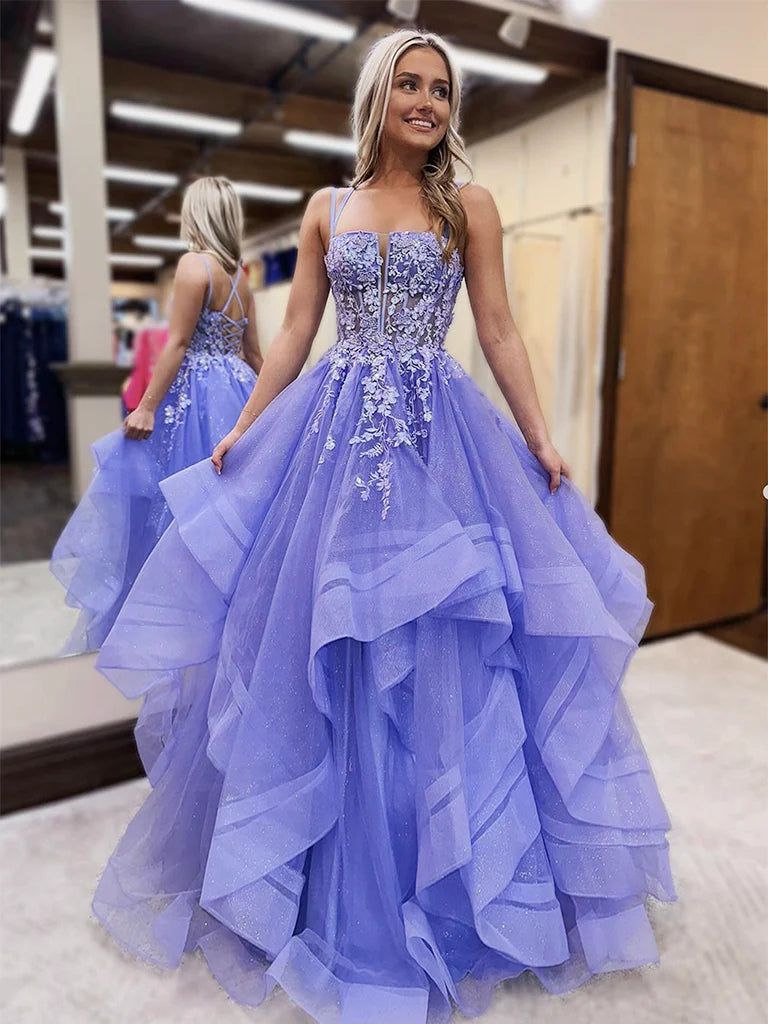 Shiny A Line Open Back Fluffy Lilac Lace Long Prom Dresses, Lilac Lace -  shegown