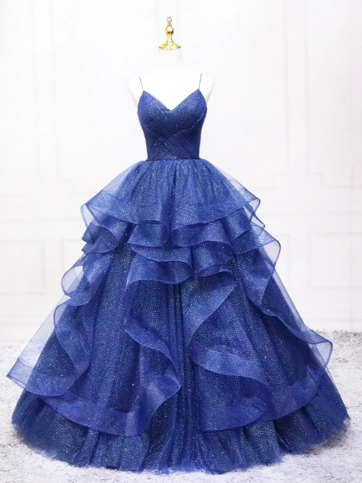 Shiny A Line V Neck Blue Tulle Long Prom Dresses, Spaghetti Strap Blue - shegown Shiny A Line V Neck Blue Tulle Long Prom Dresses, Spaghetti Strap Blue - shegown