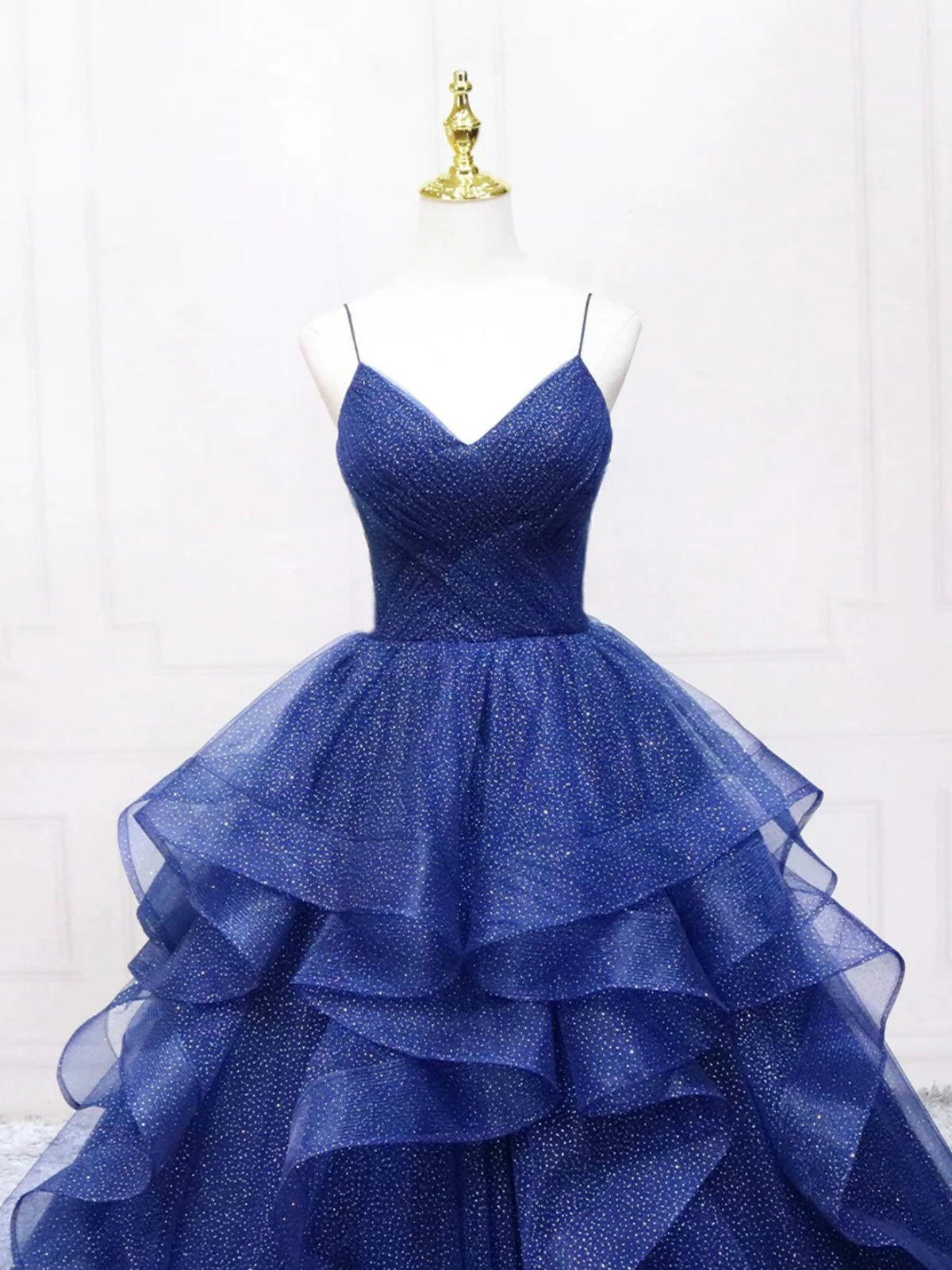 Shiny A Line V Neck Blue Tulle Long Prom Dresses, Spaghetti Strap Blue - shegown Shiny A Line V Neck Blue Tulle Long Prom Dresses, Spaghetti Strap Blue - shegown