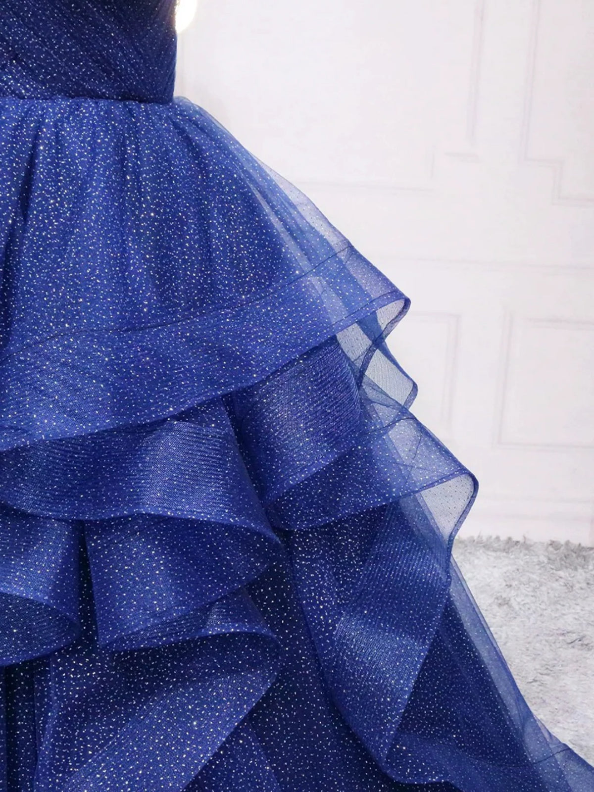 Shiny A Line V Neck Blue Tulle Long Prom Dresses, Spaghetti Strap Blue - shegown Shiny A Line V Neck Blue Tulle Long Prom Dresses, Spaghetti Strap Blue - shegown