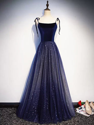 Shiny Blue Velvet Long Prom Dresses, Blue Velvet Long Formal Evening Dresses