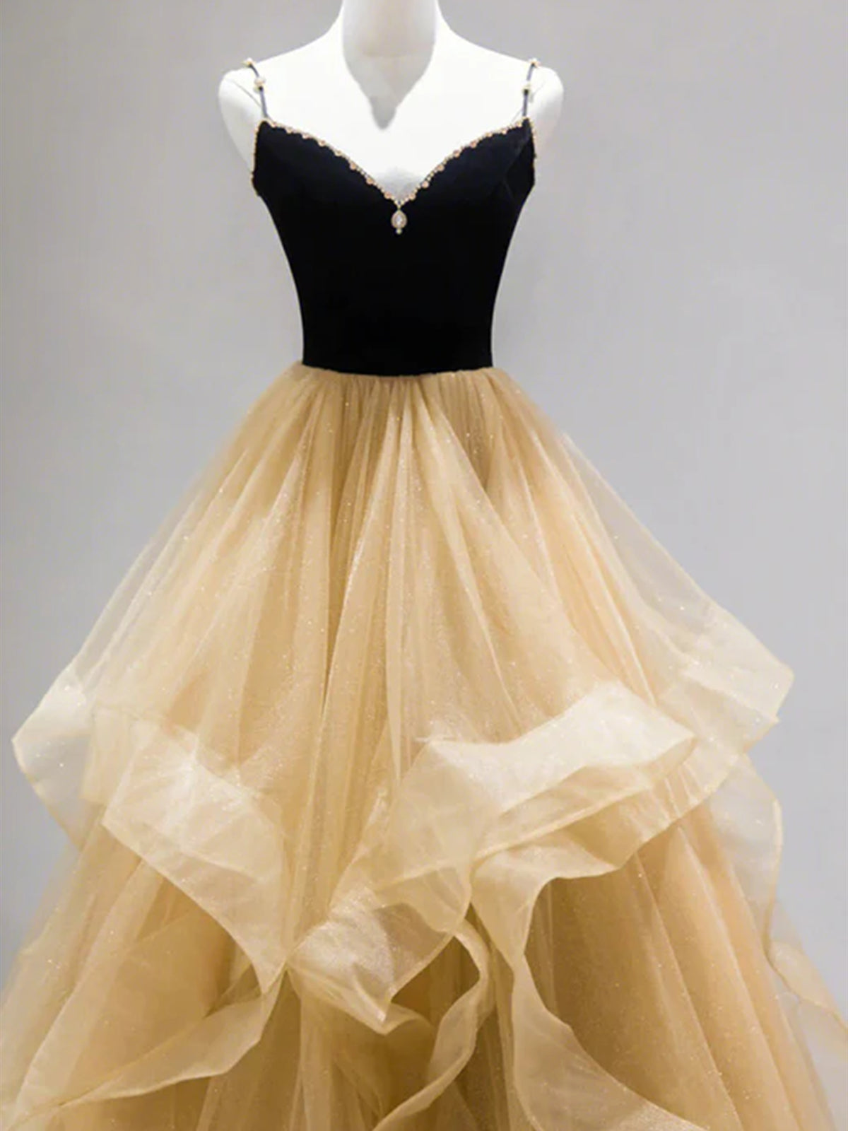 Shiny Champagne Tulle Long Prom Dresses with Black Top, Fluffy Long Ch - shegown Shiny Champagne Tulle Long Prom Dresses with Black Top, Fluffy Long Ch - shegown