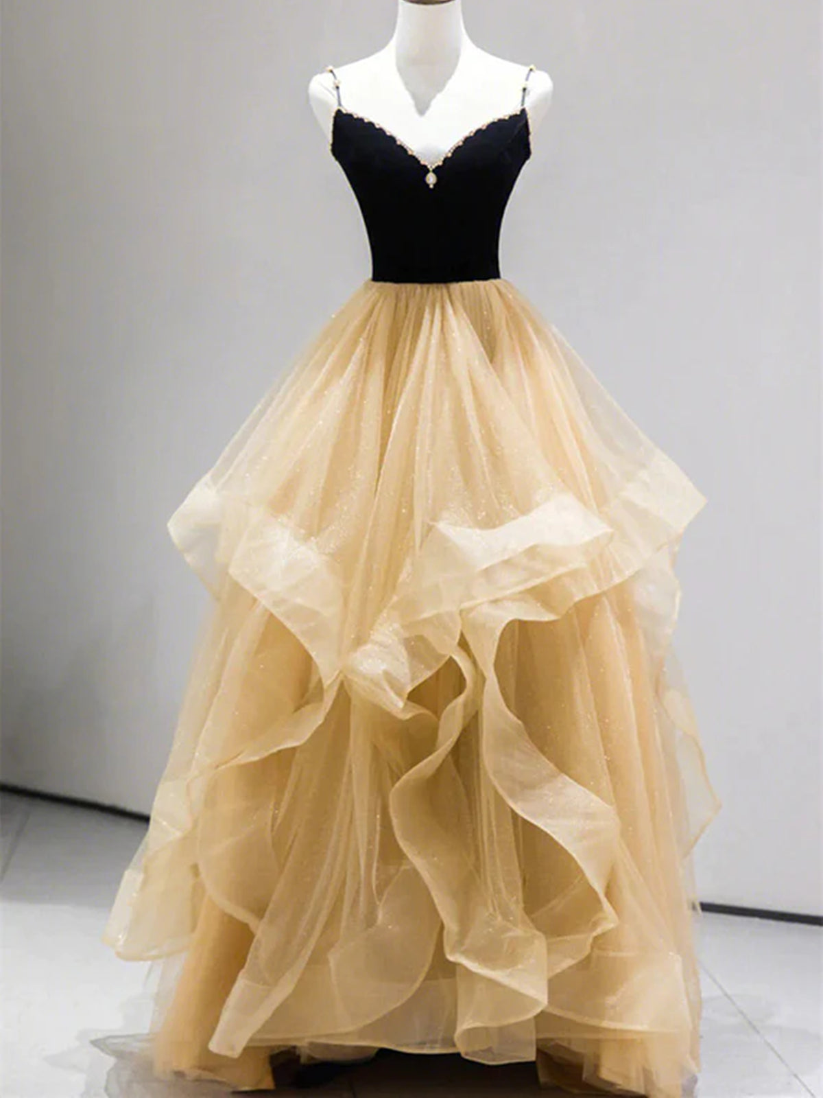 Shiny Champagne Tulle Long Prom Dresses with Black Top, Fluffy Long Ch - shegown Shiny Champagne Tulle Long Prom Dresses with Black Top, Fluffy Long Ch - shegown