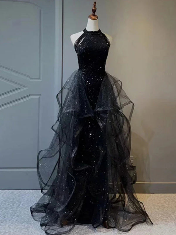 Shiny A Line Halter Sequin Long Prom Dress, Evening Dress