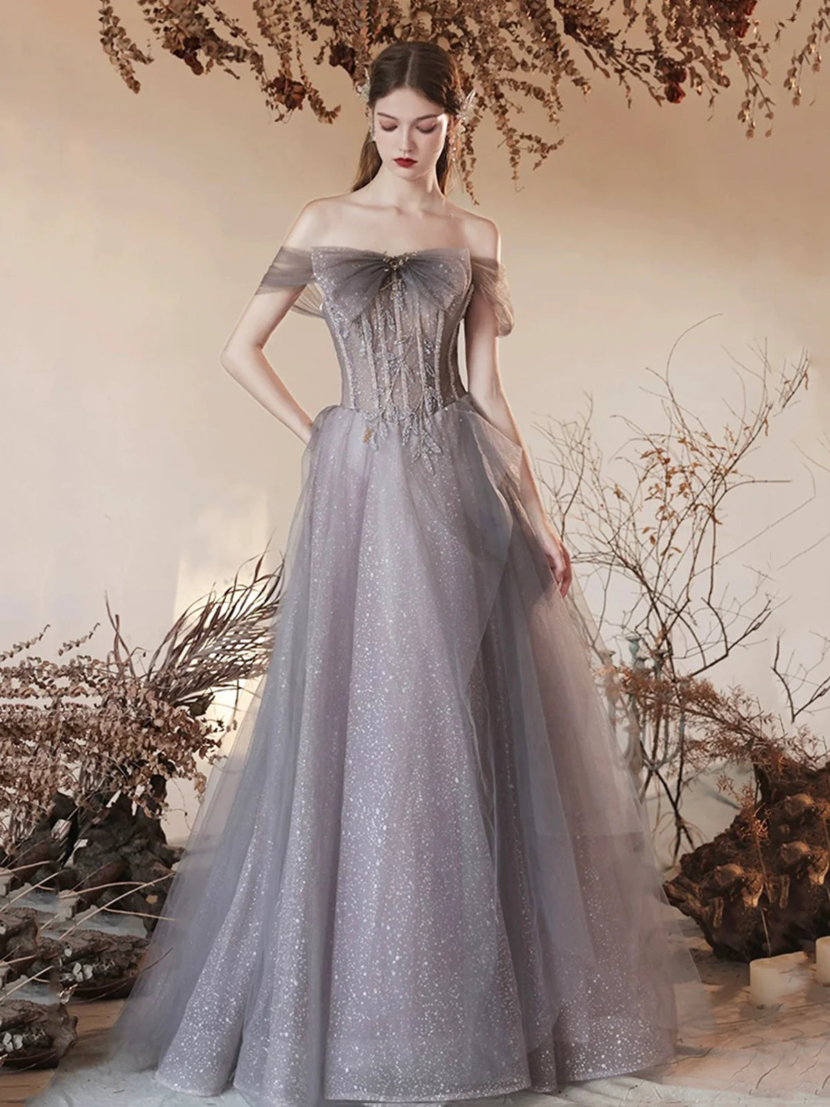 Shiny Off Shoulder Gray Tulle Long Prom Dresses, Off the Shoulder Gray -  shegown