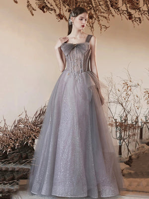 Shiny Off Shoulder Gray Tulle Long Prom Dresses, Off the Shoulder Gray Formal Dresses, Gray Evening Dresses