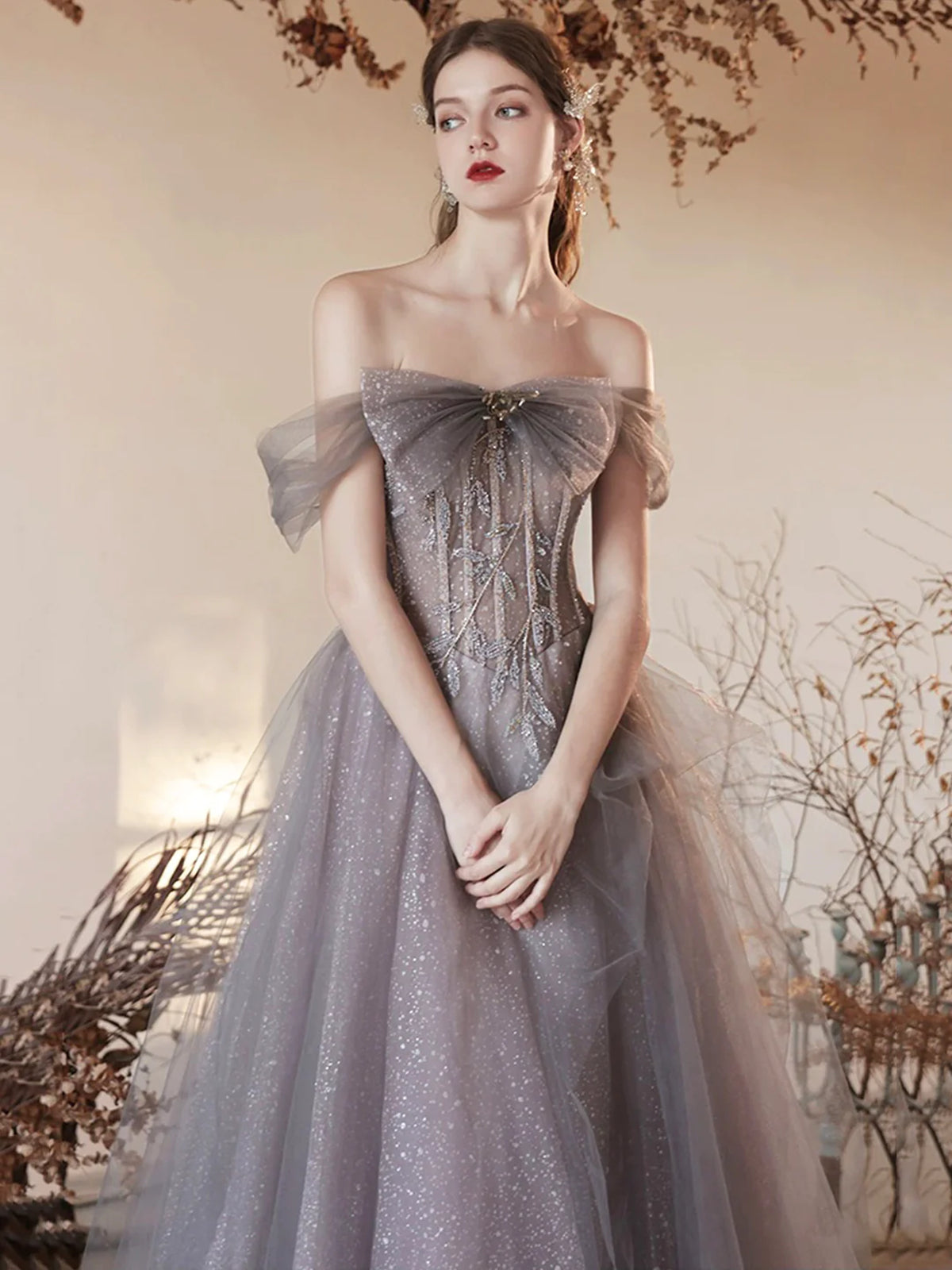 Shiny Off Shoulder Gray Tulle Long Prom Dresses, Off the Shoulder Gray Formal Dresses Shiny Off Shoulder Gray Tulle Long Prom Dresses, Off the Shoulder Gray Formal Dresses