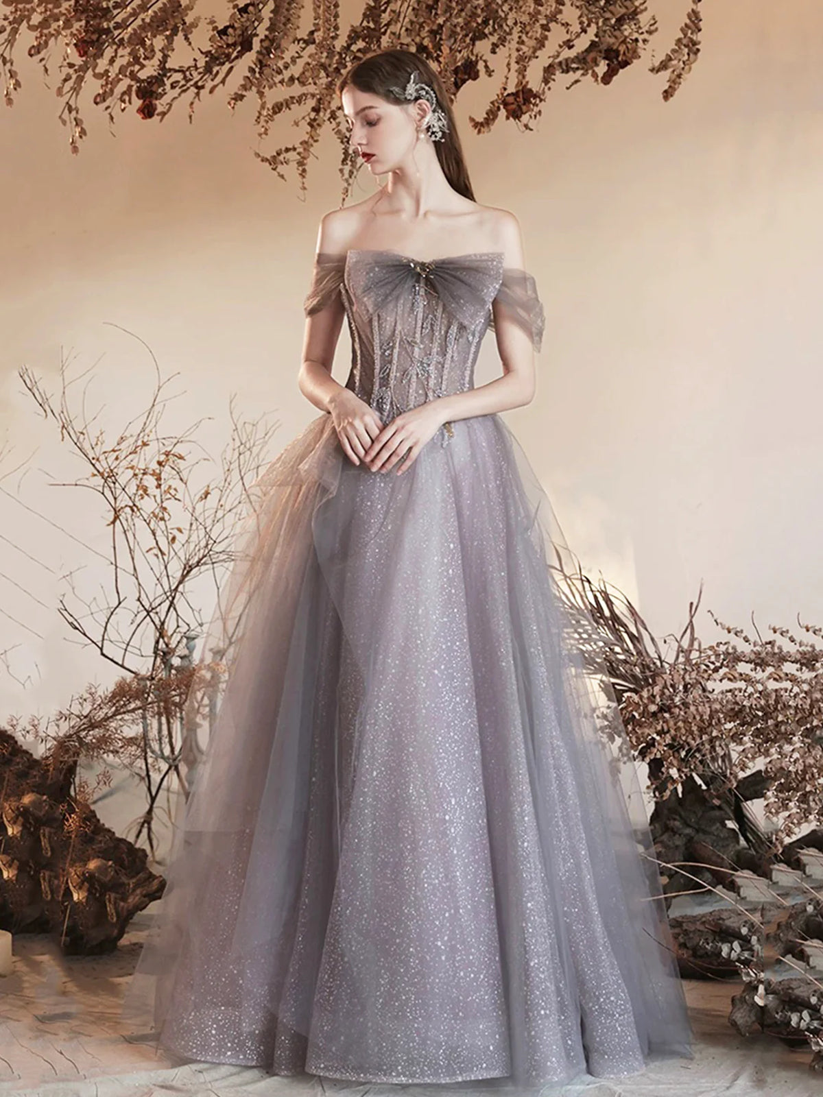 Tulle Long Formal Skirt Grey Shiny Off Shoulder Gray Tulle Long Prom Dresses, Off The Shoulder Gray Formal Dresses Tulle Long Formal Skirt Grey Shiny Off Shoulder Gray Tulle Long Prom Dresses, Off The Shoulder Gray Formal Dresses