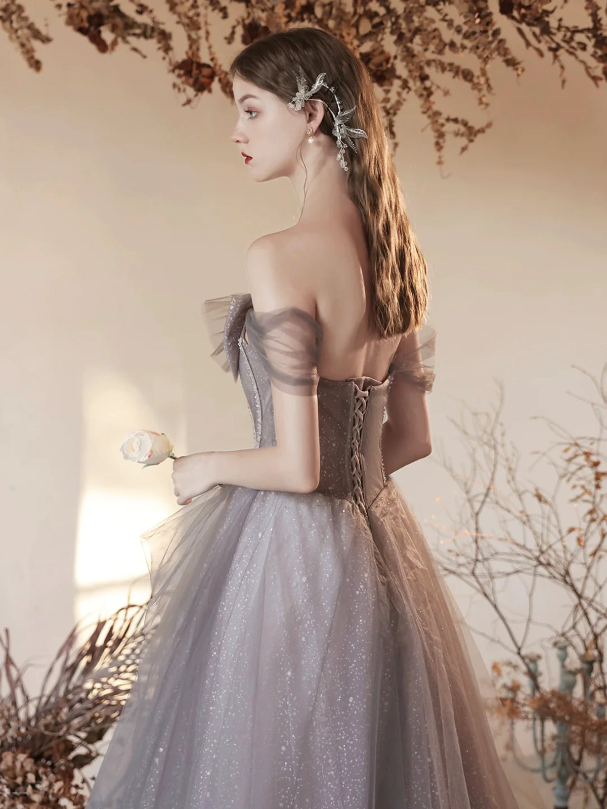 Shiny Off Shoulder Gray Tulle Long Prom Dresses, Off the Shoulder Gray - shegown Shiny Off Shoulder Gray Tulle Long Prom Dresses, Off the Shoulder Gray - shegown