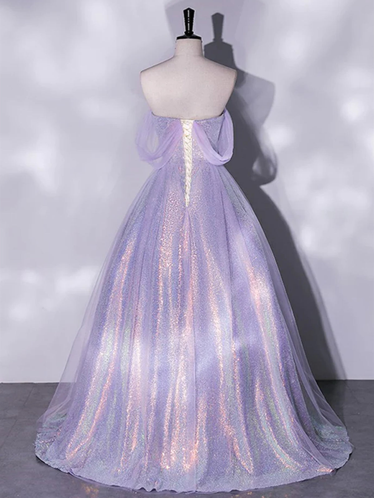Shiny Off Shoulder Lilac Tulle Long Prom Dresses, Off the Shoulder Pur - shegown Shiny Off Shoulder Lilac Tulle Long Prom Dresses, Off the Shoulder Pur - shegown