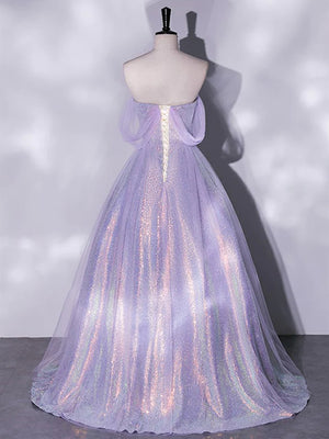 Shiny Off Shoulder Lilac Tulle Long Prom Dresses, Purple Formal Dresses, Off the Shoulder Evening Dresses