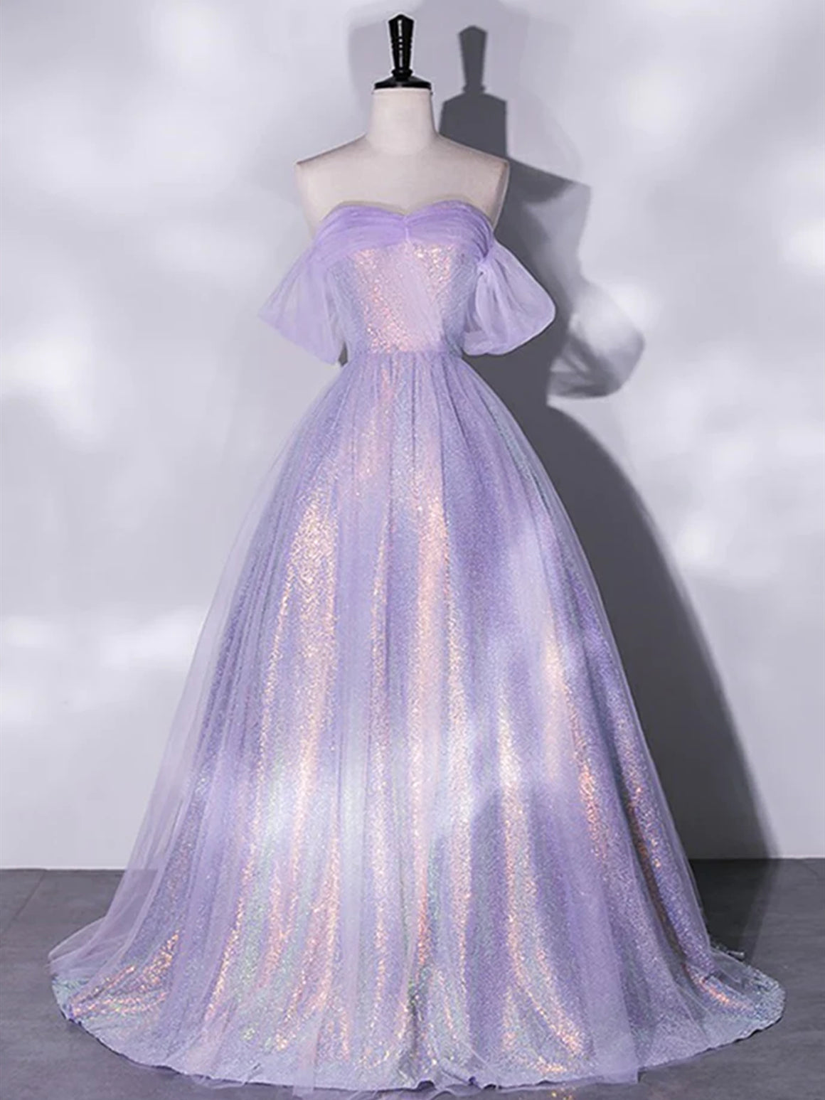 Shiny Off Shoulder Lilac Tulle Long Prom Dresses, Purple Formal Dresses, Off the Shoulder Evening Dresses