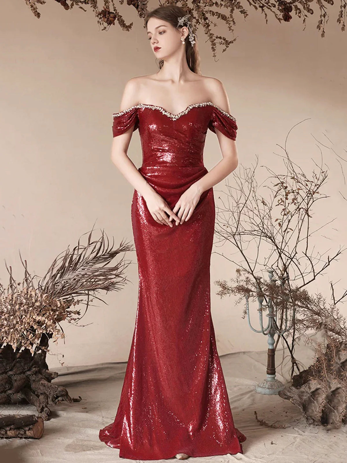 Shiny Off Shoulder Mermaid Burgundy Long Prom Dresses, Beaded Mermaid - shegown Shiny Off Shoulder Mermaid Burgundy Long Prom Dresses, Beaded Mermaid - shegown