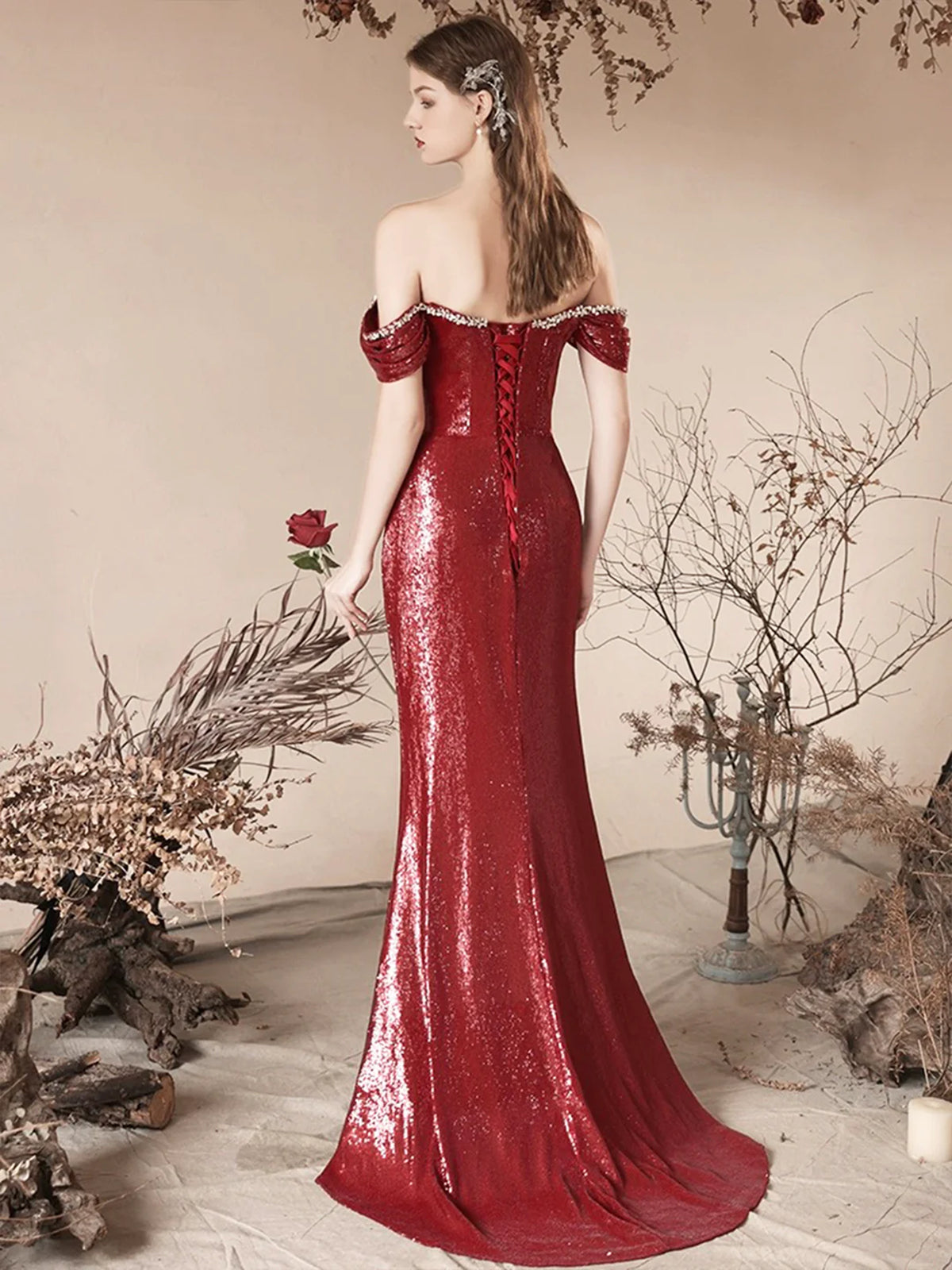 Shiny Off Shoulder Mermaid Burgundy Long Prom Dresses, Beaded Mermaid - shegown Shiny Off Shoulder Mermaid Burgundy Long Prom Dresses, Beaded Mermaid - shegown