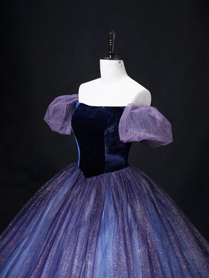 Shiny Off Shoulder Purple Velvet Top Long Prom Dresses, Off the Shoulder Purple Formal Dresses, Purple Evening Dresses
