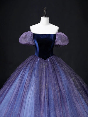 Shiny Off Shoulder Purple Velvet Top Long Prom Dresses, Off the Shoulder Purple Formal Dresses, Purple Evening Dresses