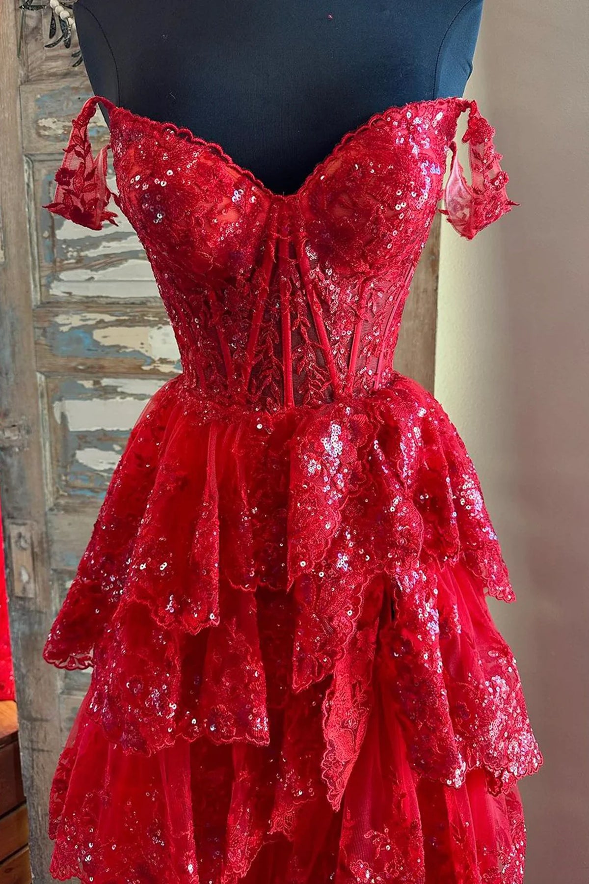 Shiny Off Shoulder Red Lace Layered Long Prom Dresses, Red Lace Formal - shegown Shiny Off Shoulder Red Lace Layered Long Prom Dresses, Red Lace Formal - shegown