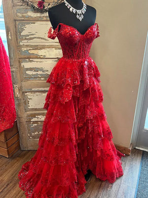 Shiny Off Shoulder Red Lace Layered Long Prom Dresses with High Slit, Red Lace Formal Graduation Evening Dresses