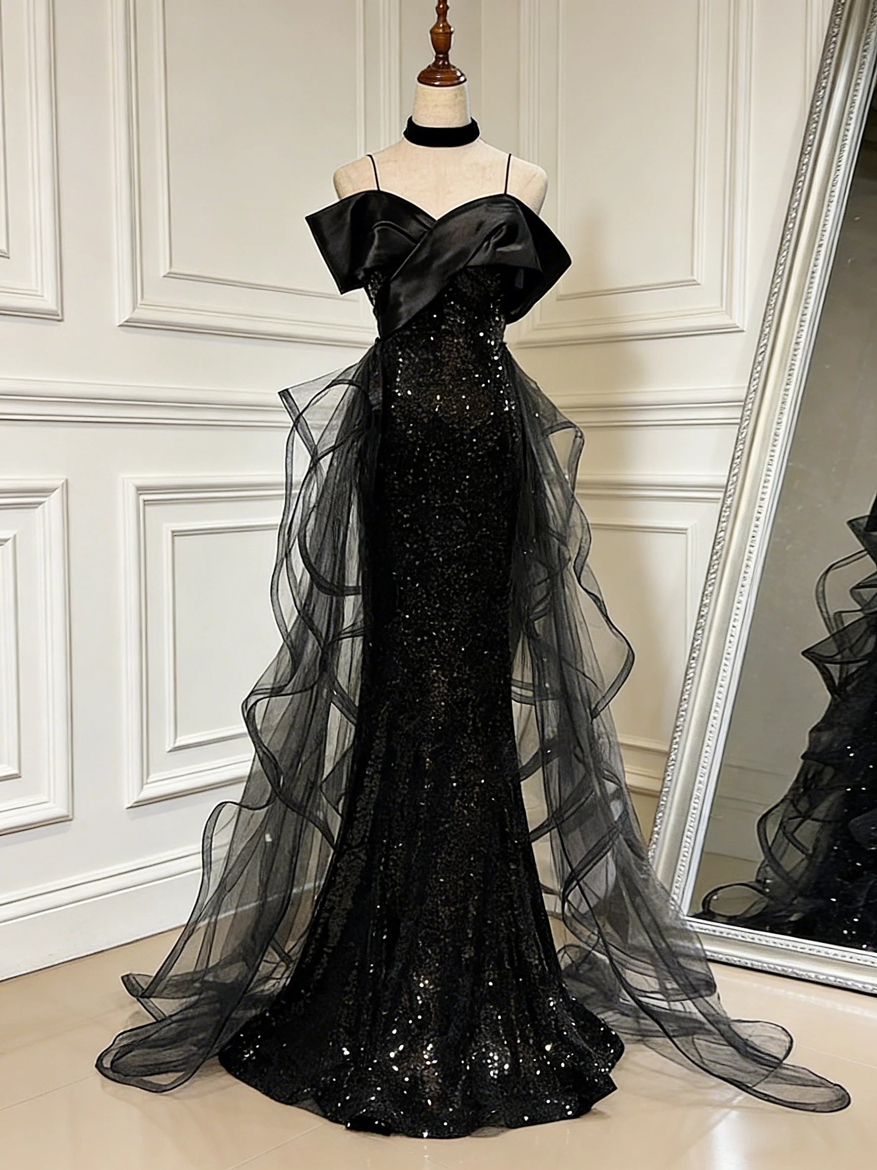 Shiny Off the Shoulder Black Sequins Long Prom Dresses, Black Sequins Formal Dresses, US 14 / Black as Pics / No Rush