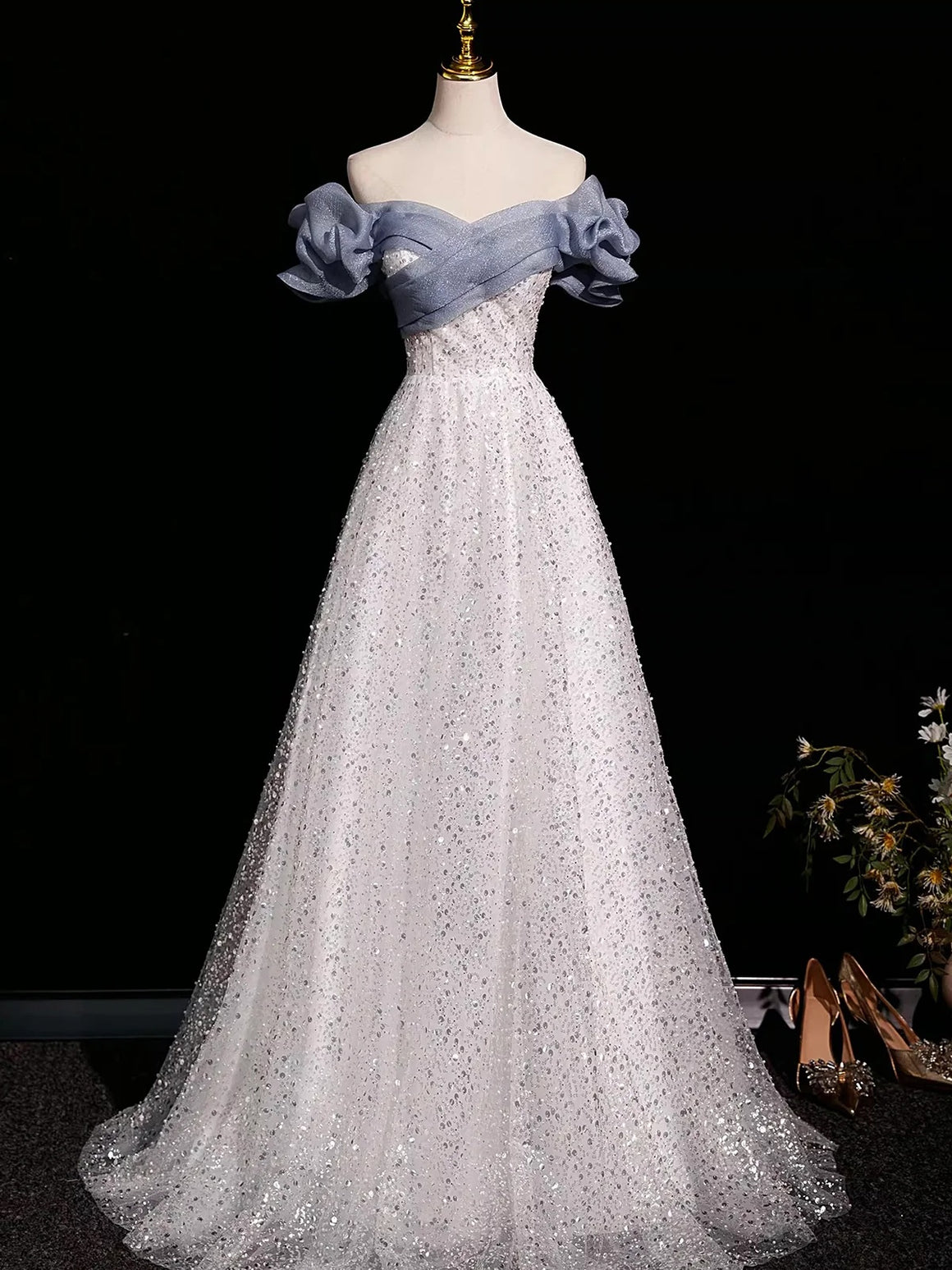 Shiny Off the Shoulder Silver Gray Long Prom Dresses, Silver Gray Long Formal Evening Dresses