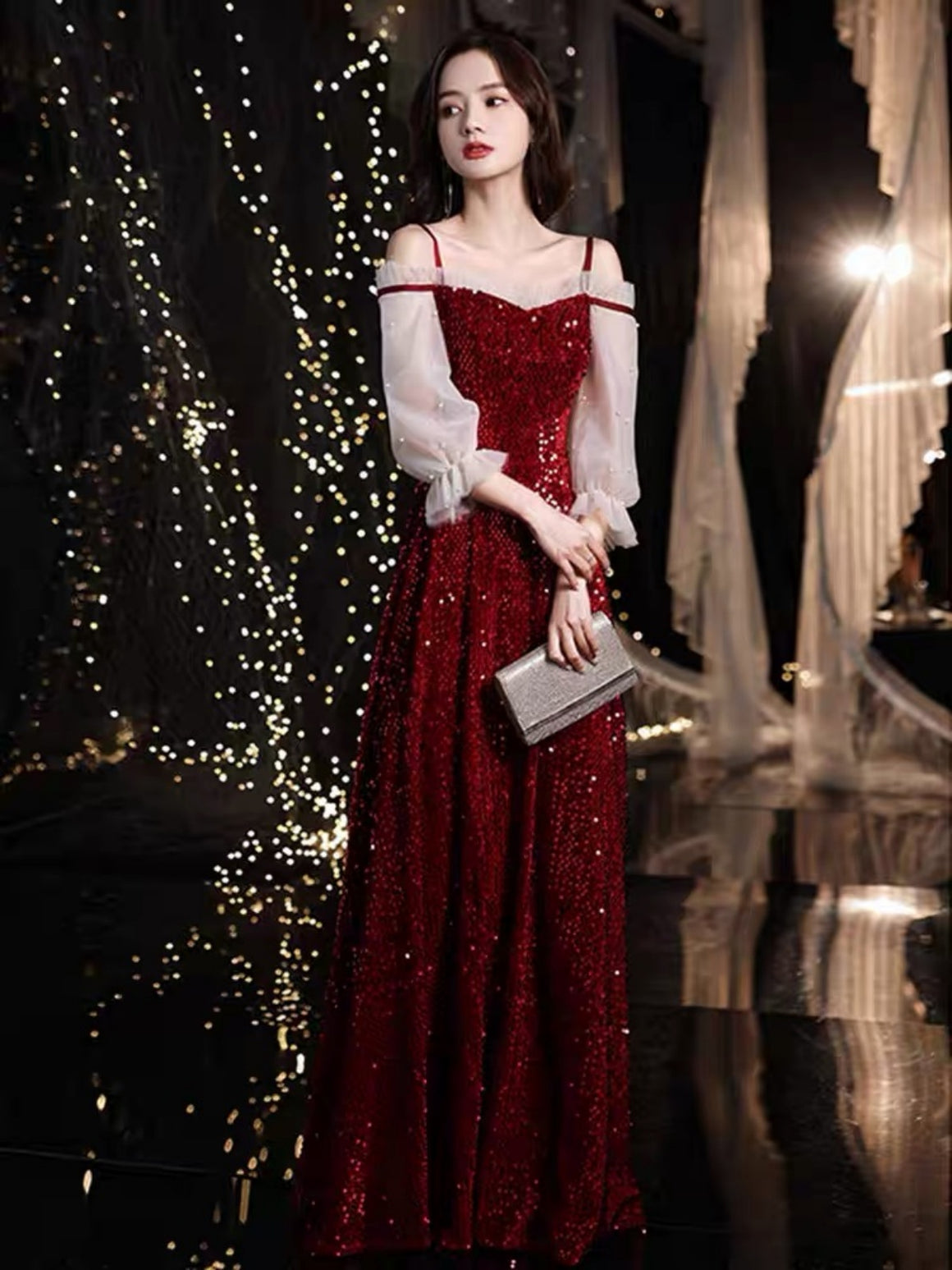 Shiny Sequins Burgundy Long Prom Dress with Long Sleeves, Wine Red Long Sleeves Shiny Formal Evening Dresses