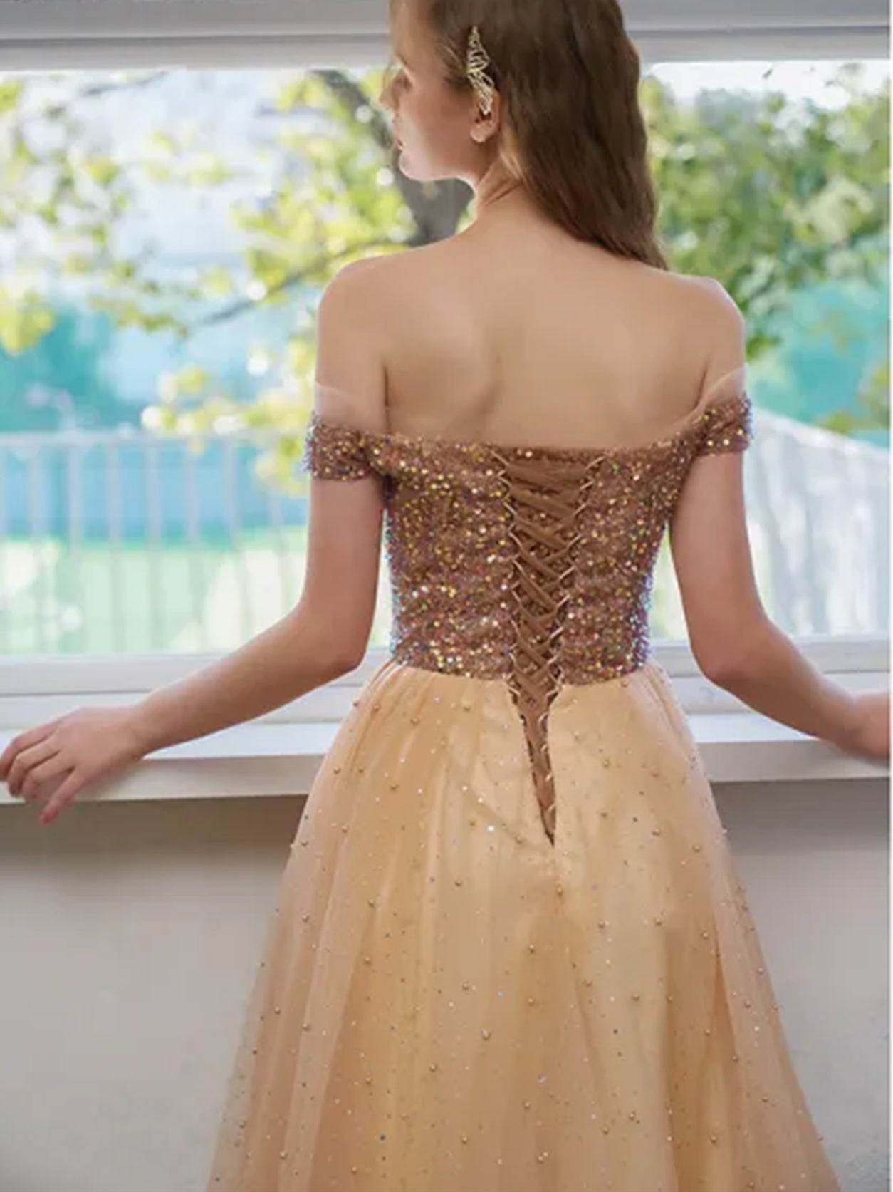 Shiny Sequins Off the Shoulder Champagne Tulle Prom Dresses, Short Cha - shegown Shiny Sequins Off the Shoulder Champagne Tulle Prom Dresses, Short Cha - shegown