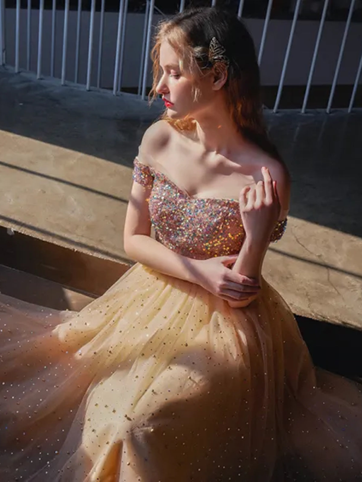 Shiny Sequins Off the Shoulder Champagne Tulle Prom Dresses, Short Cha - shegown Shiny Sequins Off the Shoulder Champagne Tulle Prom Dresses, Short Cha - shegown