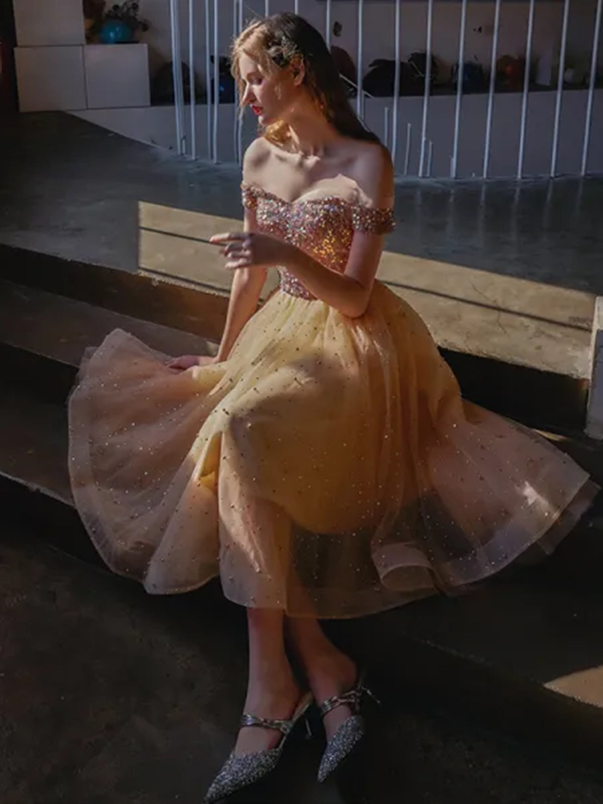 Shiny Sequins Off the Shoulder Champagne Tulle Prom Dresses, Short Cha - shegown Shiny Sequins Off the Shoulder Champagne Tulle Prom Dresses, Short Cha - shegown
