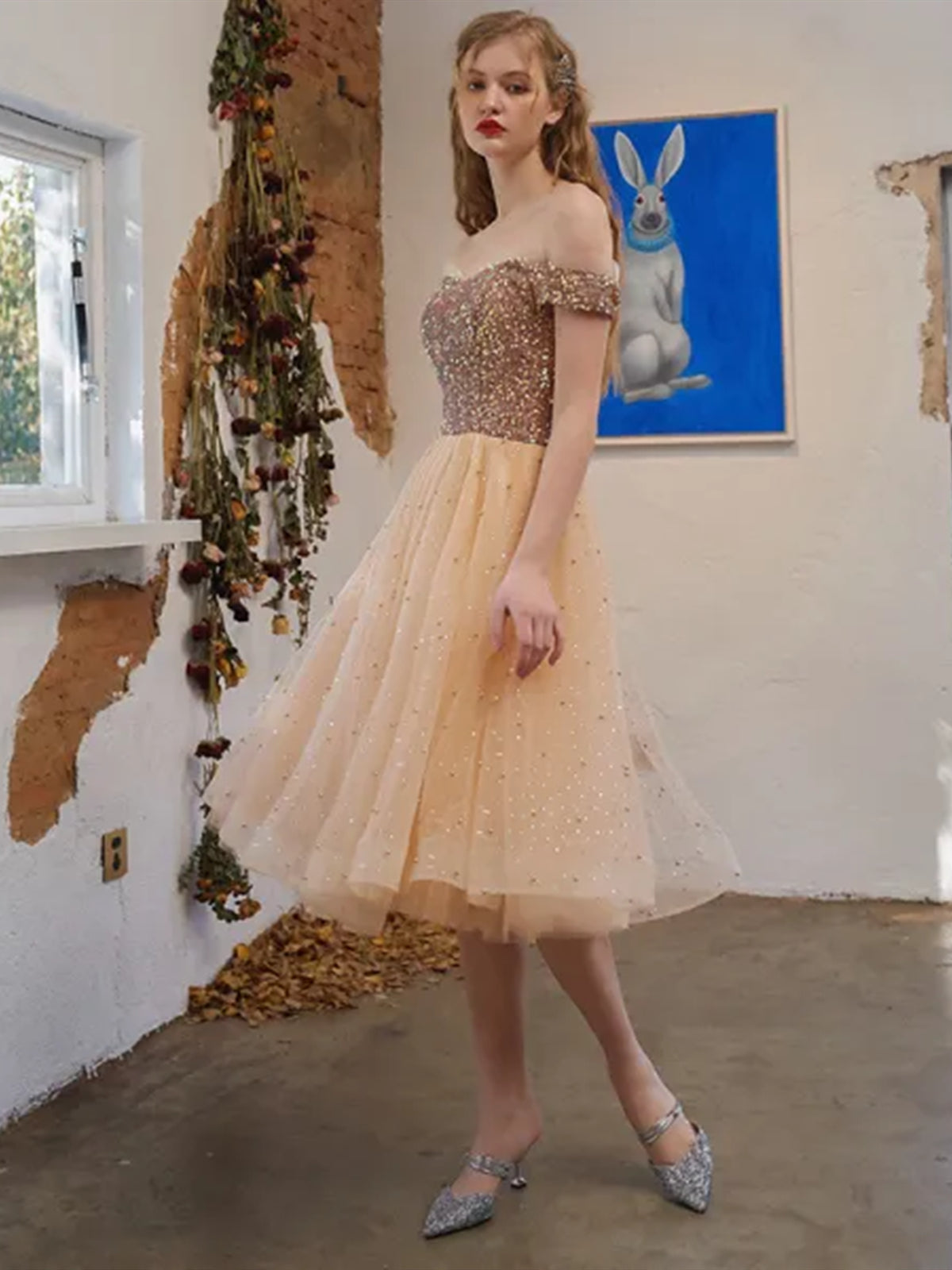 Shiny Sequins Off the Shoulder Champagne Tulle Prom Dresses, Short Cha - shegown Shiny Sequins Off the Shoulder Champagne Tulle Prom Dresses, Short Cha - shegown