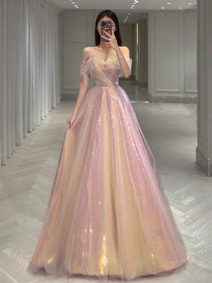 Shiny Sequins Off Shoulder Pink Long Prom Dresses, Off the Shoulder Formal Dresses, Pink Evening Dresses