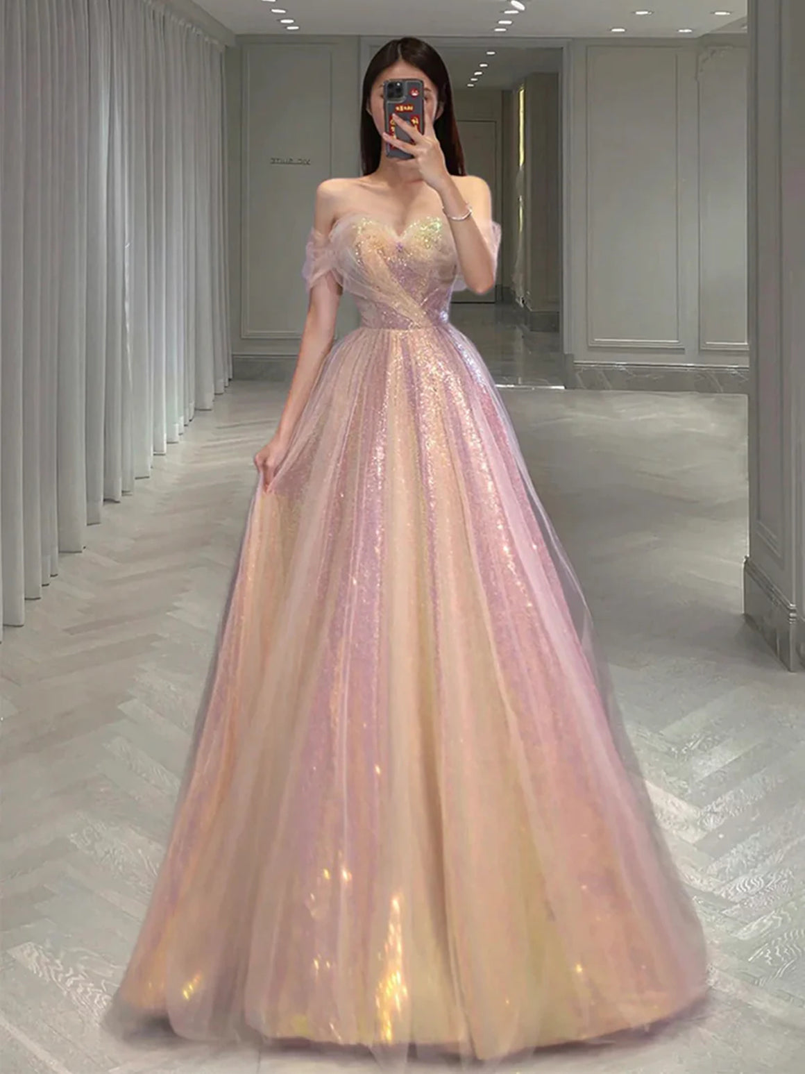 Shiny Sequins Off Shoulder Pink Long Prom Dresses, Off the Shoulder Formal Dresses, Pink Evening Dresses