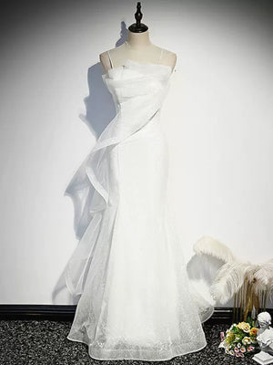 Shiny Sequins White Mermaid Long Prom Dresses, White Mermaid Long Formal Evening Dresses