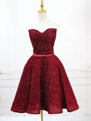 Shiny Short Burgundy Prom Dresses, Short Wine Red Formal Homecoming Dresses