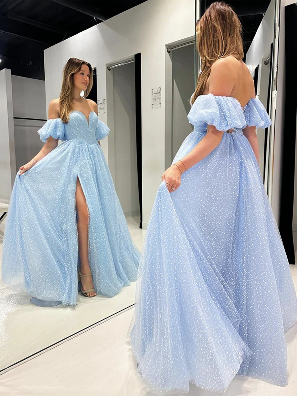 Shiny Sweetheart Neck Off Shoulder Light Blue Long Prom Dresses, Off t